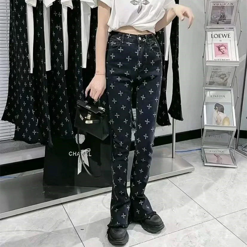 Cross Print Jeans Woman High Waist Vintage Straight Leg Baggy Clothing Egirl Harajuku Denim Pants Streetwear Jeans Techwear