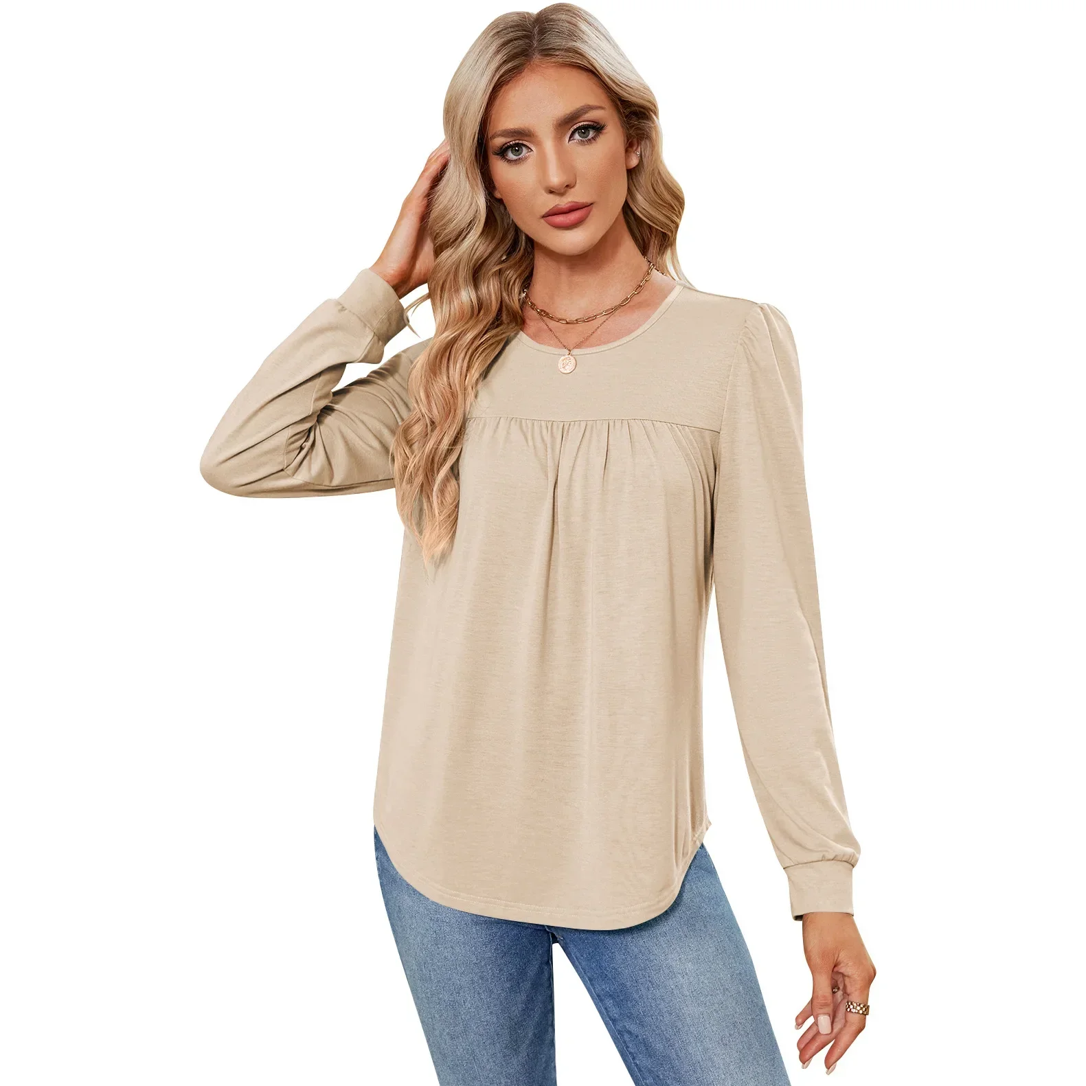 

Новинка Осень-зима 2023, женская футболка с длинными рукавами и круглым вырезом, с плиссированными рукавами, серого цвета