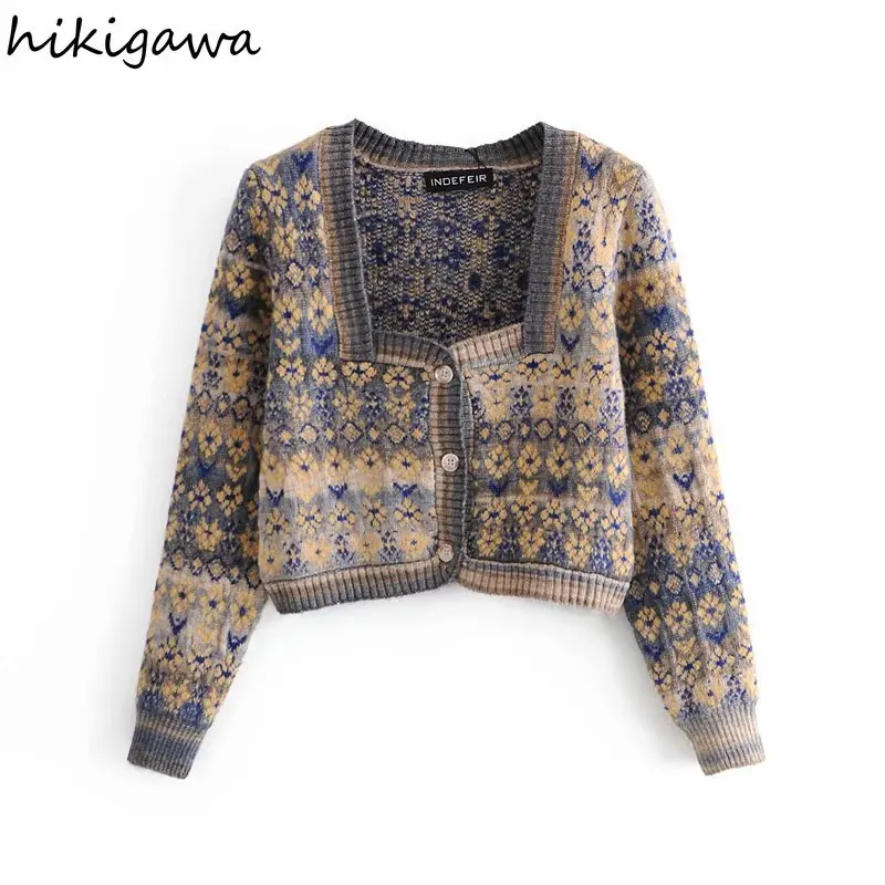 

Hikigawa Women Fashion Streetwear All Match Jacquard Knitting Cardigan Casual Square Collar Long Sleeve Coats Female Chic Tops