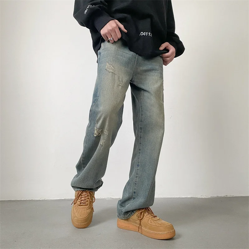 Blue Baggy Jeans Men Fashion Vintage Ripped Jeans Men Streetwear Hip-hop Loose Straight Denim Pants Mens Hole Trousers S-2XL