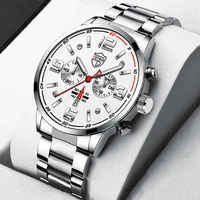 fashion mens business watches luxury silver stainless steel quartz wristwatch mens casual sports leather watch luminous clock