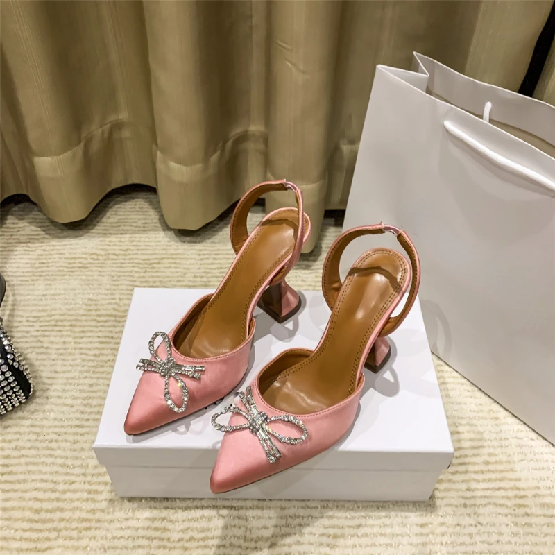 Pointed Toe High Heels Woman Summer 2023 Niche Baotou Women's Shoes Bow Rhinestone Sandals Woman