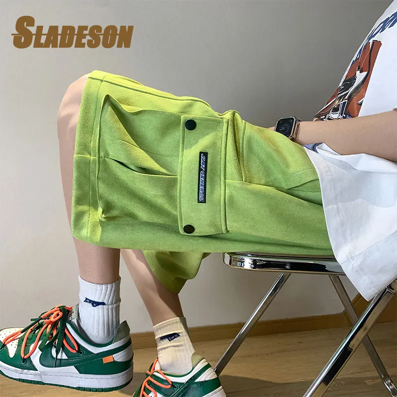 Basketball Shorts Men Suede Green Summer Streetwear Bright Colour Big Pockets HighStreet Y2K Shorts Techwear Cargo Shorts Mens