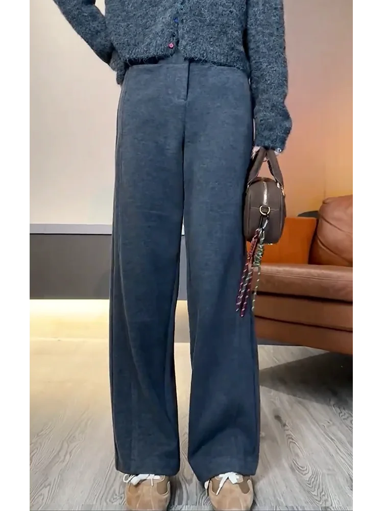 Plus Size Elegant Loose Gray Thick Woolen Straight Pants Women Autumn and Winter New Draping Effect Fashion High Waist All-Ma...