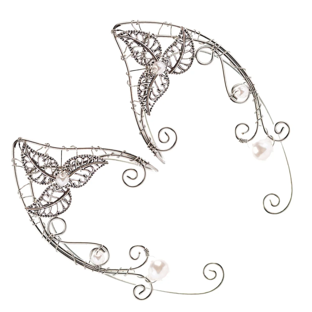 

1 Pair Ear Cuffs Elegant Pearl Fairy Earrings Pearl Wing Tassel Filigree Elven Clip- on Earrings for Wedding
