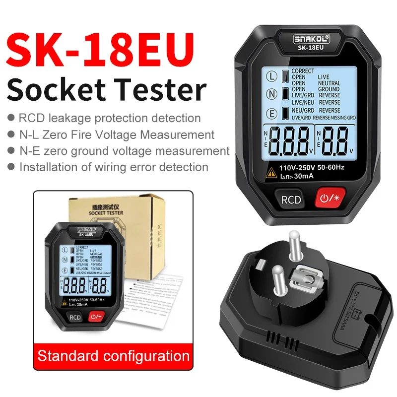 

Тестер розетки SNAKOL, цифровая вилка, обнаружение напряжения переменного тока, 30 мА, RCD-тест, проверка полярности фазы, проверка цепи, двухцветная подсветка