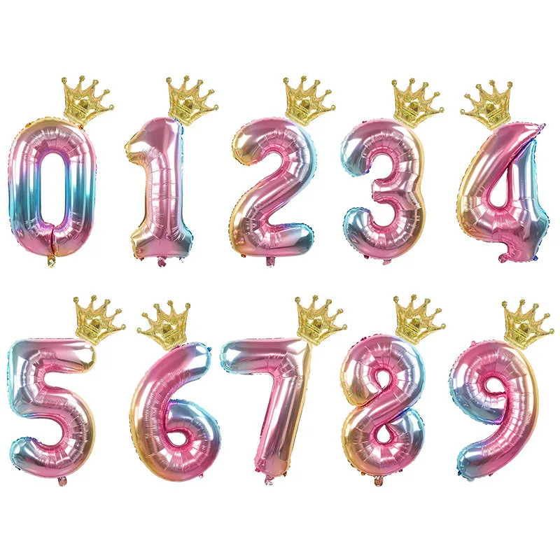 

Цифровые воздушные шары градиентного цвета, украшение для детского дня рождения, цифровая Корона, алюминиевая пленка, праздничные вечерние шения