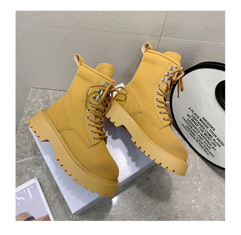 2022 Spring Cow Leather  Boots Female Casual Boots Fashion Preppy Style Women's Shoes Platform Heels Lace-Up New