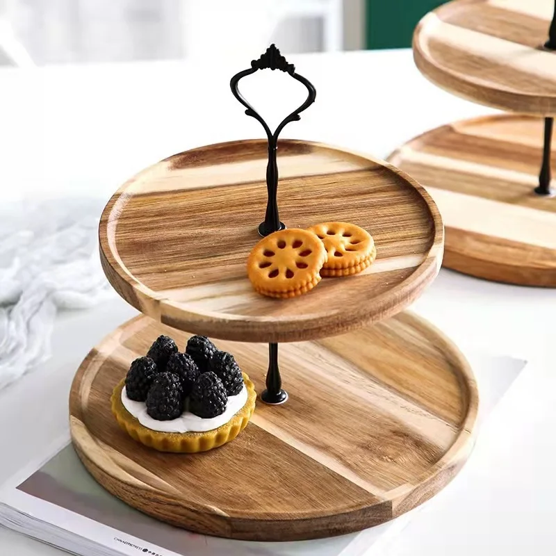 

European-Style Double- Three-Layer Cake Wooden Dessert Decorative Solid Wood Tray Display Stand Props
