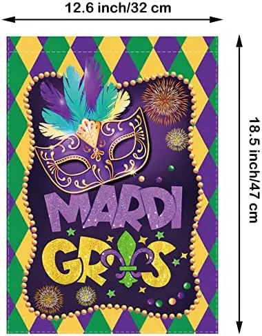Фото Марди Гра Садовый флаг Fleur De Lis Маскарадная маска Двусторонняя мешковина Вертикальная Happy Mardi Gras Праздничные принадлежности для вечеринок Yar ZZJ №3