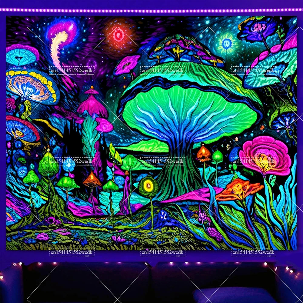 Лесной гриб черный свет гобелен УФ реактивная неоновая галактика джунгли