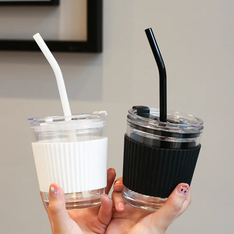 

Creative Glass Cups for Coffee Tea Drinks Milk Tea Water Cups with Glass Cover Glass Straw Drinking Cup Simple Design