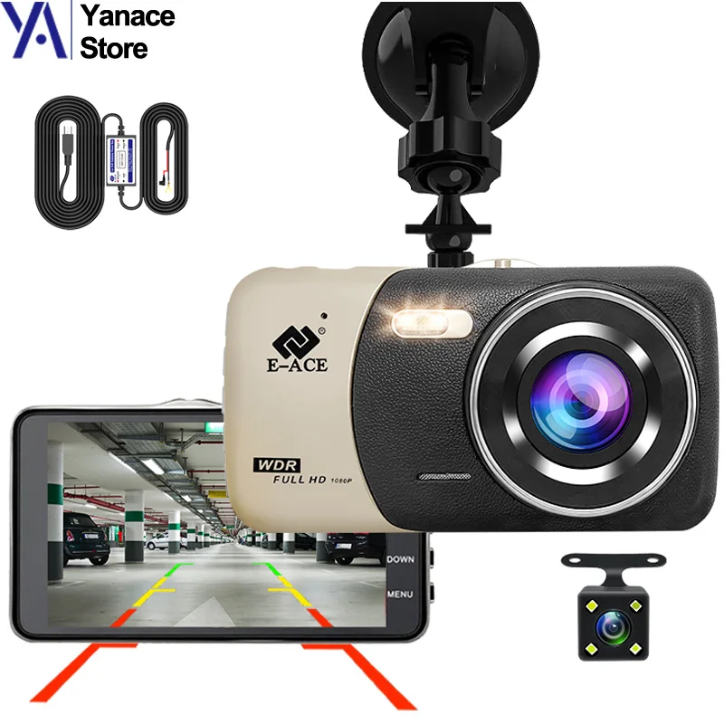 

4-дюймовый автомобильный видеорегистратор, передняя камера 1080P с двойным объективом, реальный Автомобильный видеорегистратор Ultra HD, 24-часовой видеорегистратор, монитор парковки, ночное видение
