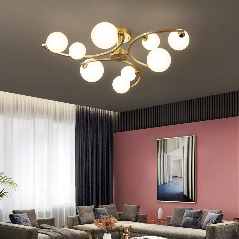 

Скандинавская зеркальная Люстра для гостиной, спальни, кухни, латунный стеклянный шар для внутреннего освещения, полукольцевые потолочные светильники G9