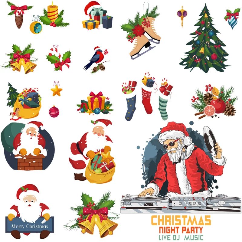 

Vinyl Thermo Stickers Christmas Car Tree Sock Patches on Clothes Cartoon Santa Claus Girl Elk Owl Iron-on Transfers for Clothing
