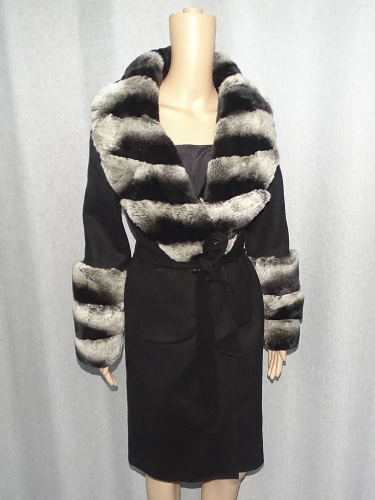 New Winter Women Real Fur Coat Lexus Rex Rabbit FurJacket Long 100% Woolen Overcoat Big Fur Collar Fashion Streetwear