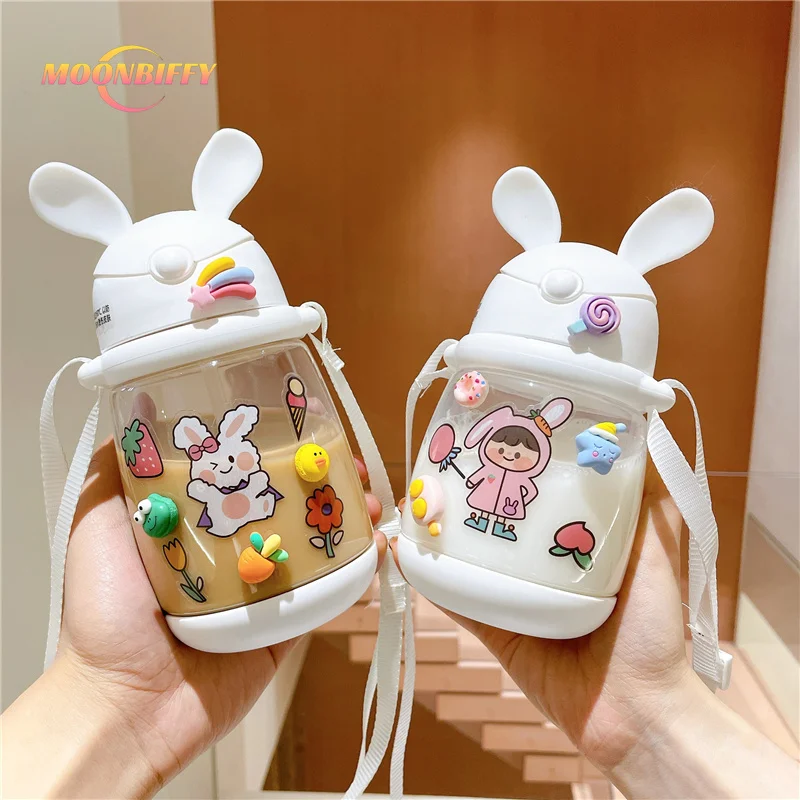 

Kids Water Bottles 450ml 550ml Cute Rabbit Plastic Baby Water Bottle with Lid and Straw Outdoor Portable Water Bottle for Child