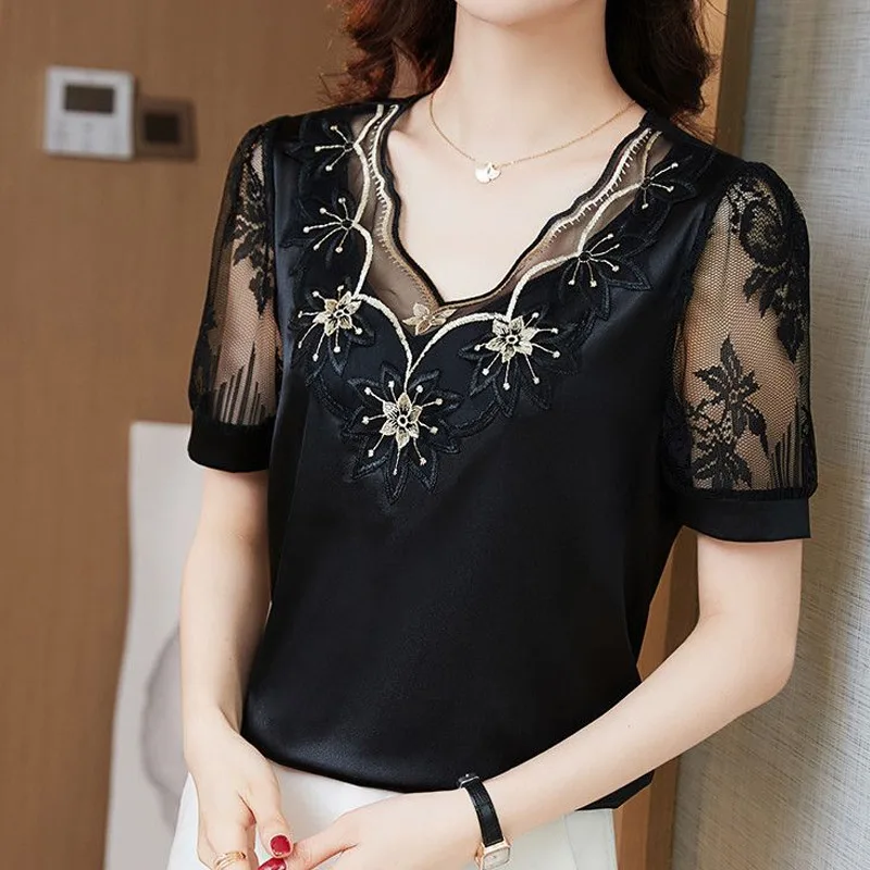 

Summer New Embroidery Net Yarn Patchwork T Shirt Tops V Neck Short Sleeve Solid Loose Pullovers Vintage Elegant Women Clothing