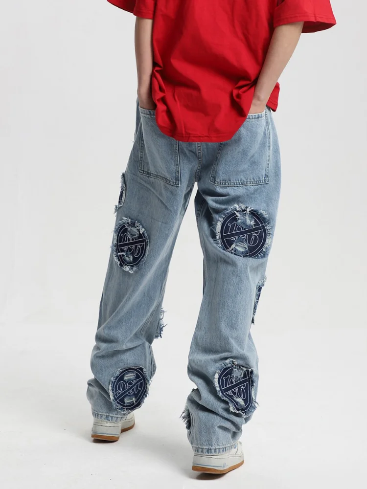 Four Seasons American Retro Washed Distressed Embroidered Patch Ripped Jeans High Street Fashion Streetwear Men's Ins Hot Sale