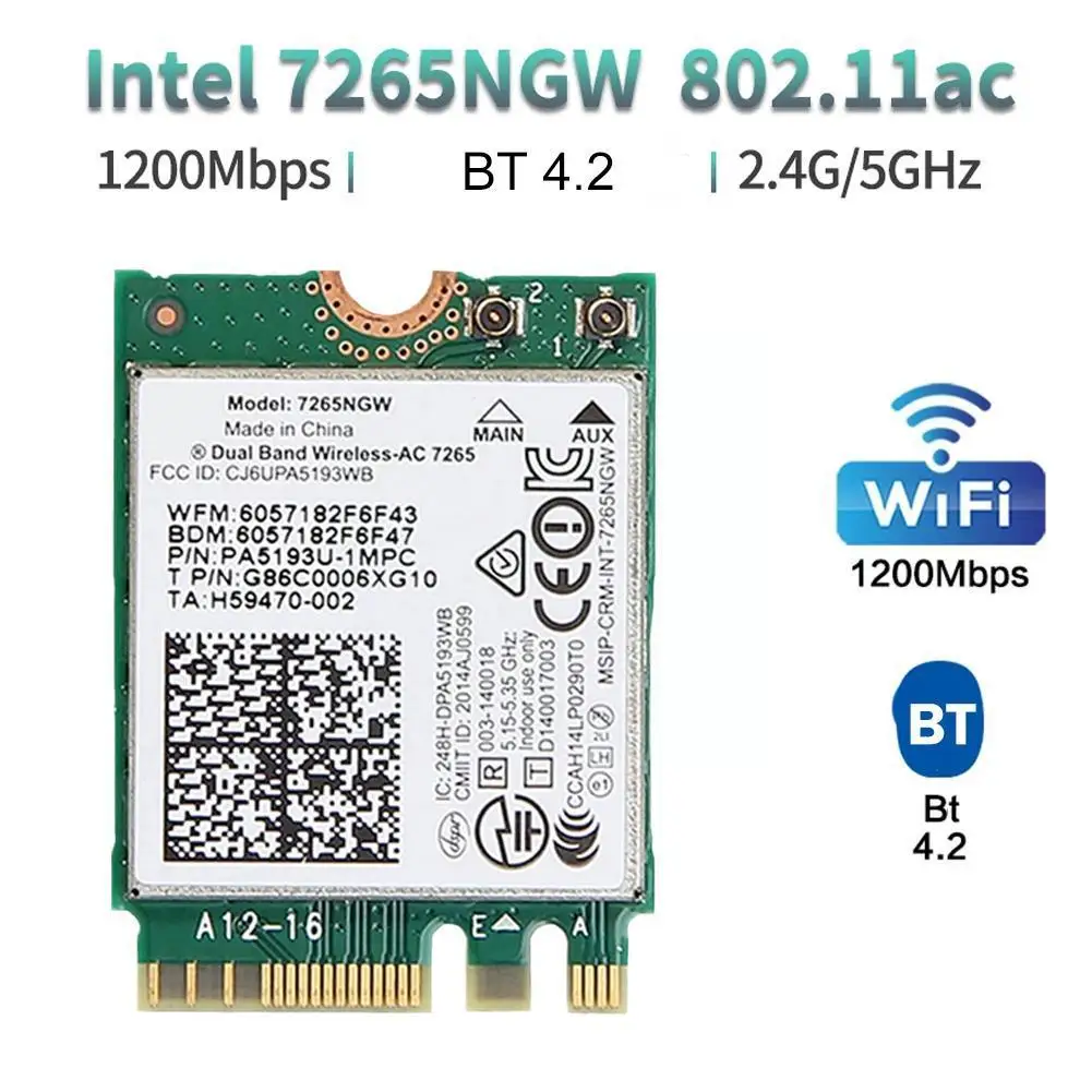 

Wi-Fi 5 Intel 7265 беспроводная карта Bluetooth 4,2 M.2 7256NGW 1200 Мбит/с 802.11AC Двухдиапазонная 2,4G Φ Windows 10 11 для ноутбука ПК A1W2