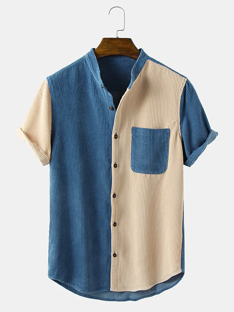 

ChArmkpR 2023 Mens Shirts Summer Stand Collar Short Sleeve Patchwork T Shirt Button Up Corduroy Shirt Chemises Casual Camisas