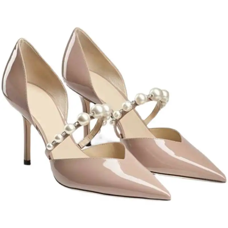 

2022 new European beauty high heels pointed toe pearl patent leather stilettos