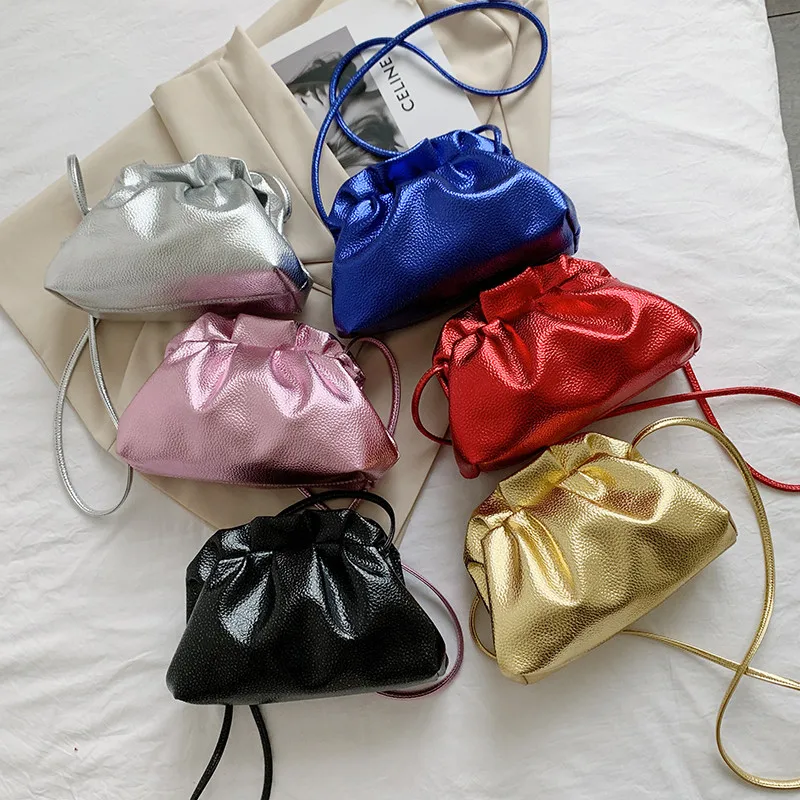 

Luxury Ruched Design Women's Cloud Bag Candy Color Crossbody Bag Ladies Gold Silver Party Clutch Purse Evening Bag Female Bolsa