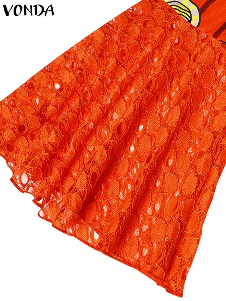 VONDA Plus Size Women 2023 Summer Dress Sexy Printed Lace Crochet Party Maxi Sundess Loose Casual Flare Sleeve Robe Femme