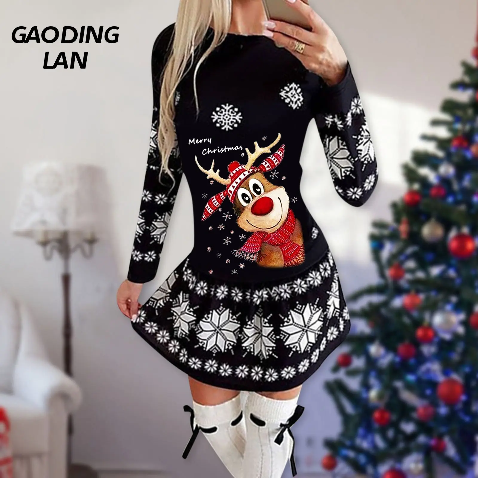 

GAODINGLAN Women Celebrate Christmas Long Sleeve Snow Elk Print Dress Autumn Winter Large Size Round Neck Bottoming Mini Dresses