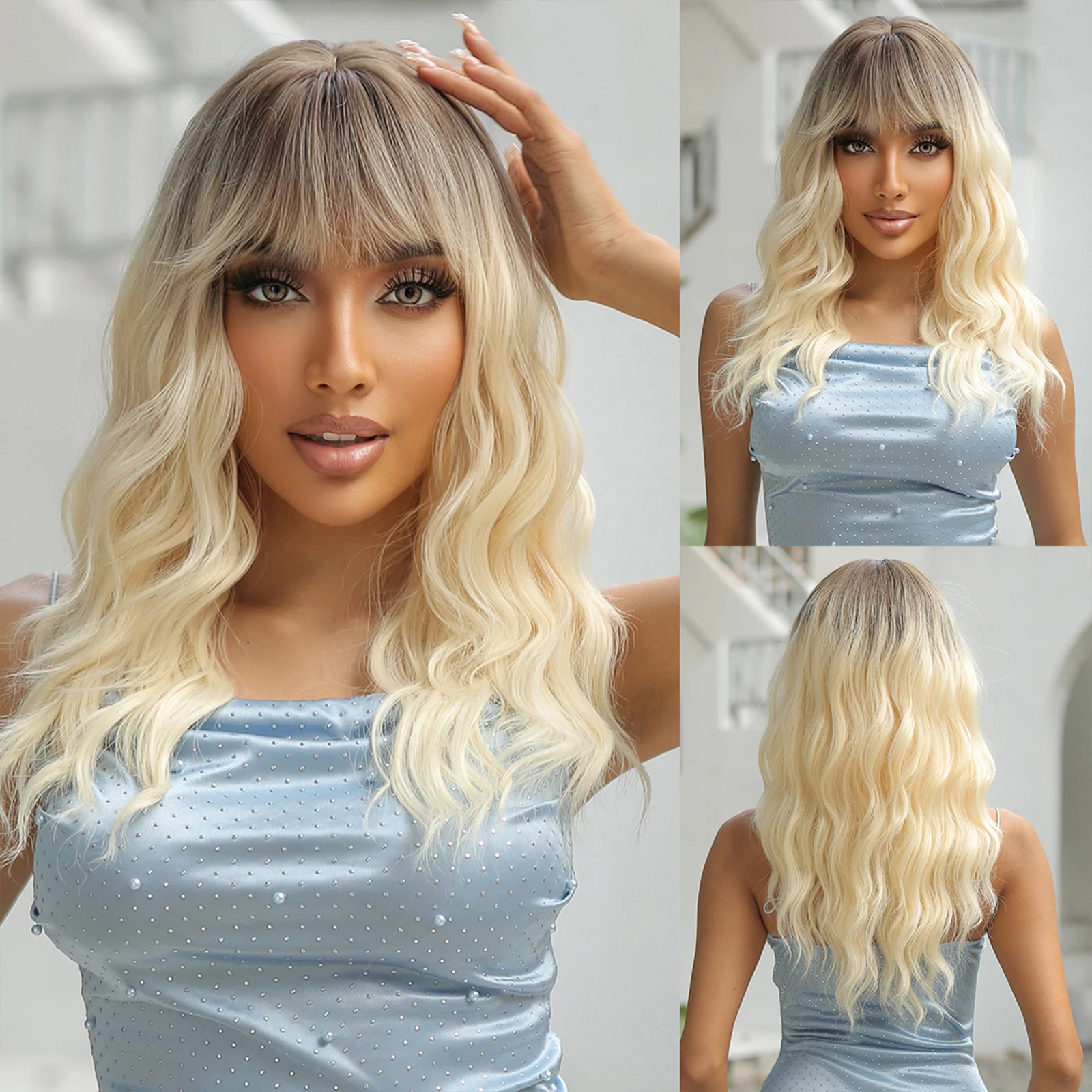 

Ombre Blonde Platinum Beige Long Wavy Cosplay Synthetic Wigs for Women Daily Lolita Natural Hairs Wig With Bangs Heat Resistant