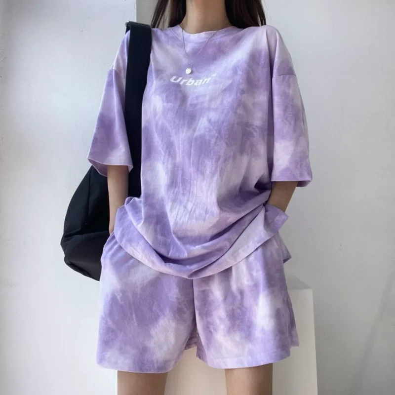 

Tie Dye Sleepwear Korean Women Pajamas Shorts Sets Pijama Loungewear Summer Two Piece Set Letter Casual Night Wear Home Suit New