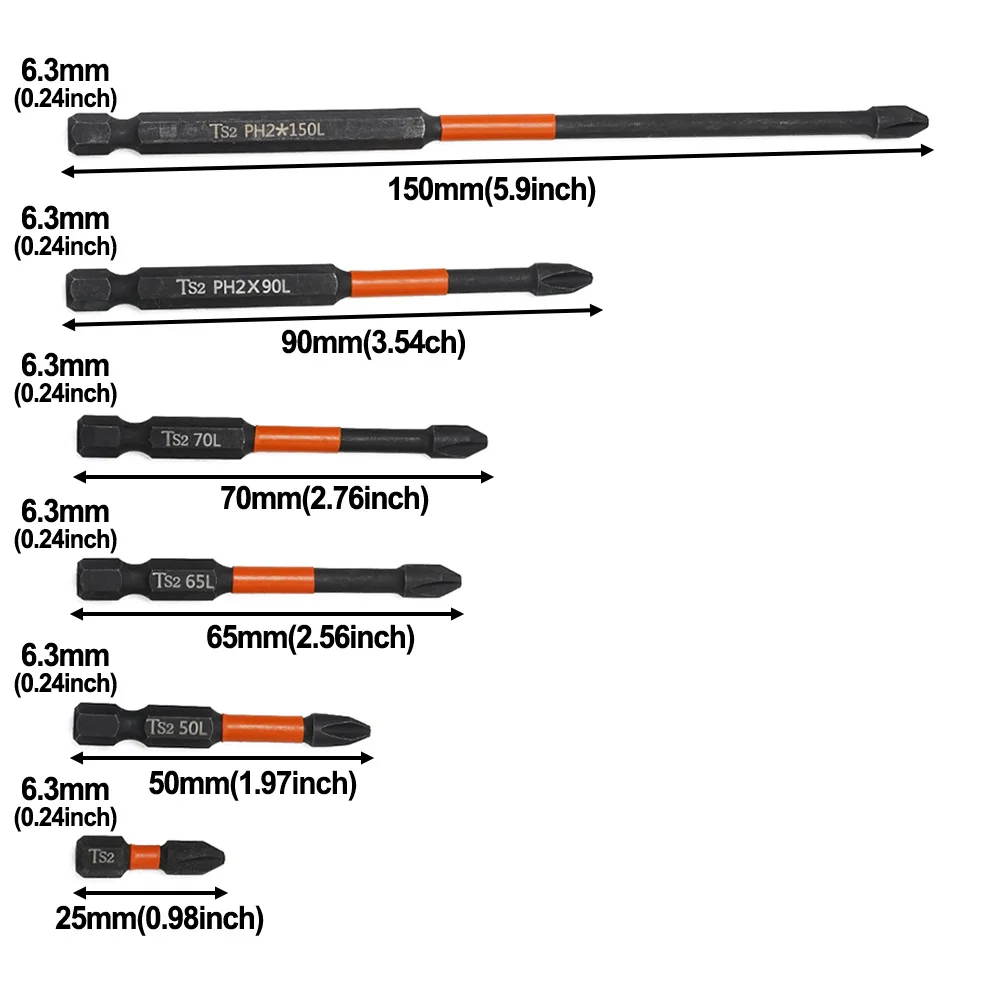 

6pcs Magnetic Batch Head Impact Strong Cross PH2 High Hardness Screwdriver Set Anti Non-slip Screw Driver Hand Drill Bit Tools