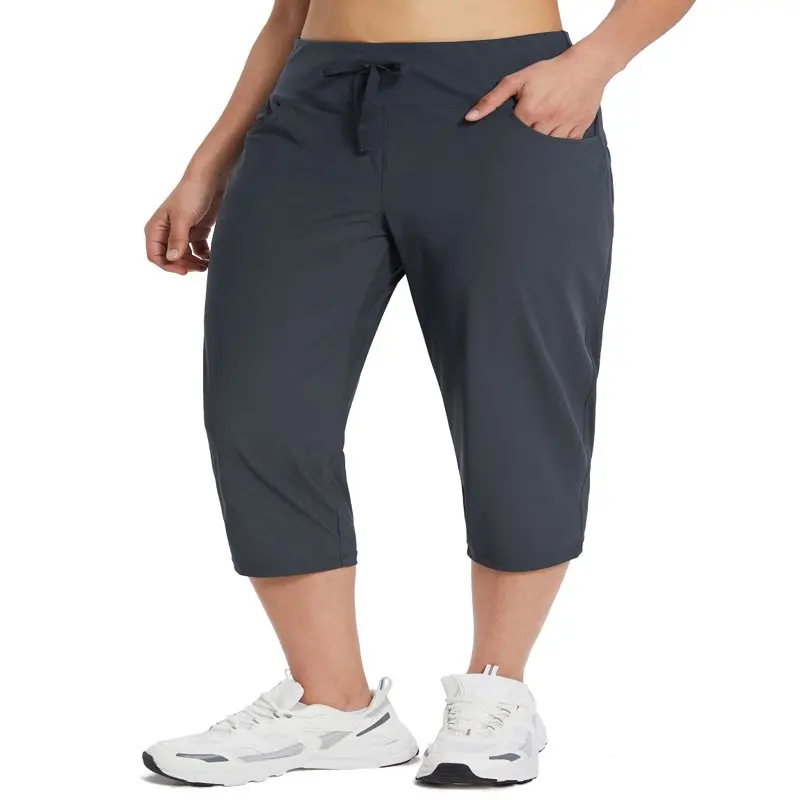 

HMCN Women`s Plus Size Active Yoga Lounge Capri Walking Crop Pants with Pockets Gray L