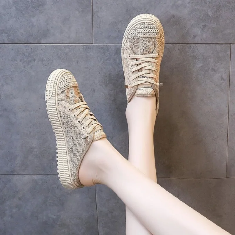 Женские полутапочки Baotou новые корейские туфли на толстой подошве шнуровке