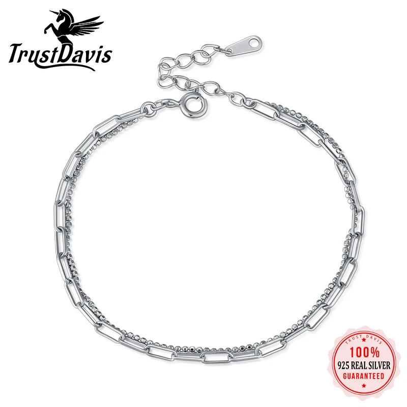 

TrustDavis Real 925 Sterling Silver INS Romantic Chic Geometric Double Layer Bracelet for Women Gift Fine Jewelry LB350