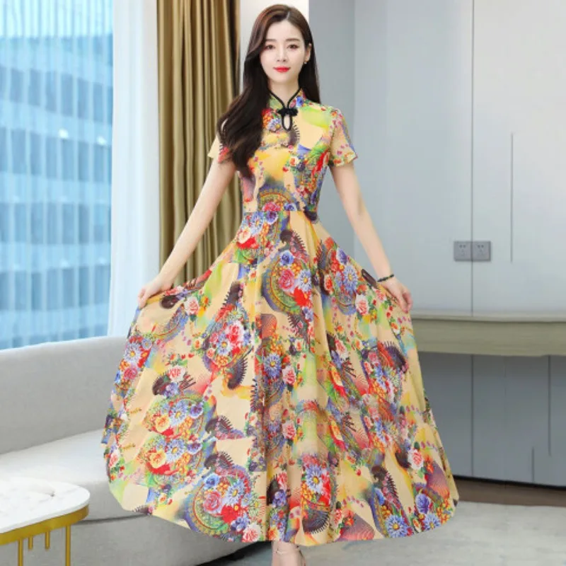 Новое летнее платье Cheongsam на пуговицах свободное средней длины с принтом и