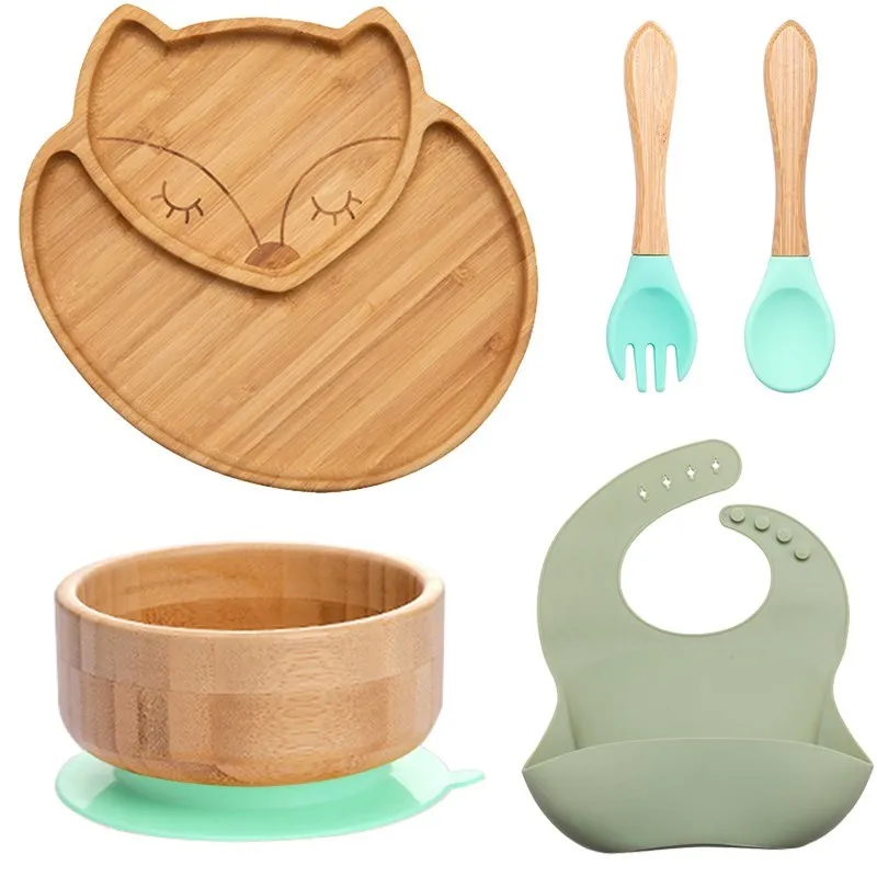5Pcs/Set Baby Feeding Bowl Dinner Plate Bib Fork Spoon Kids Cartoon Tableware Bamboo Wood Non-slip Children's - купить по