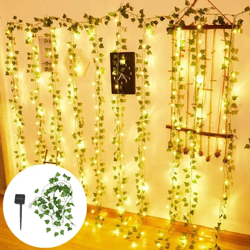

Светодиодный светильник на солнечной батарее, украшение для сада, наружная гирлянда с искусственными зелеными листьями, цветами, освещение для свадьбы, дома, кемпинга, Рождества