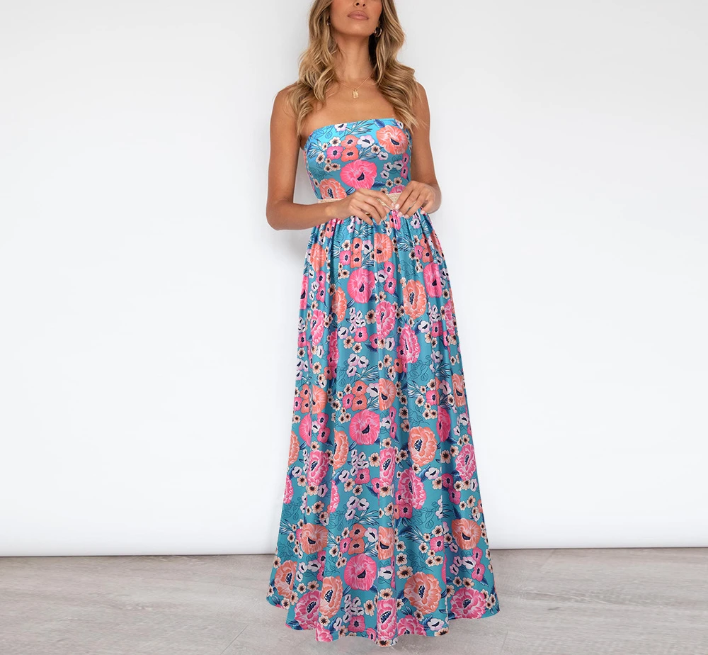 

Sexy Strapless Suspender Dress Women 2022 Summer Fashion New High Waist Print Bohemia Maxi Dresses Casual Beach Style Dress