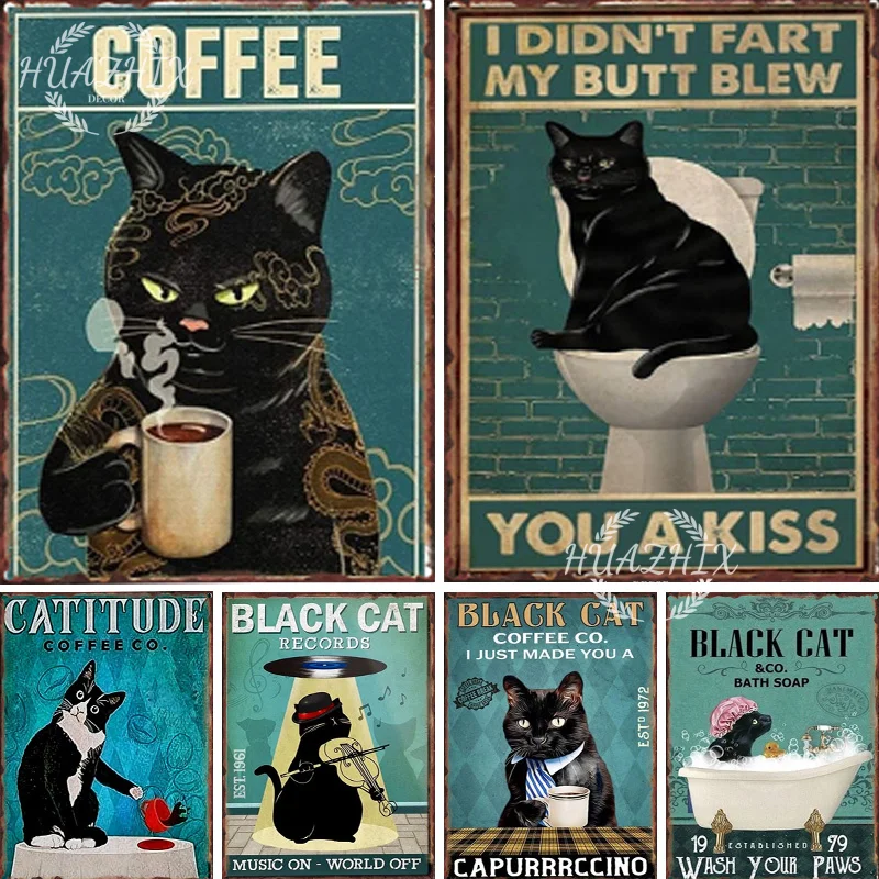 

Vintage Metal Signs Tin Painting Psycho Black Cats Funny Bathroom Solo Show Photos Hotel Room Bedroom Home Wall Aesthetic Decor
