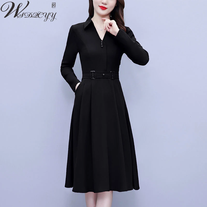 

Женское офисное платье миди с V-образным вырезом, новое облегающее платье с длинным рукавом и поясом, темпераментное повседневное платье, ве...