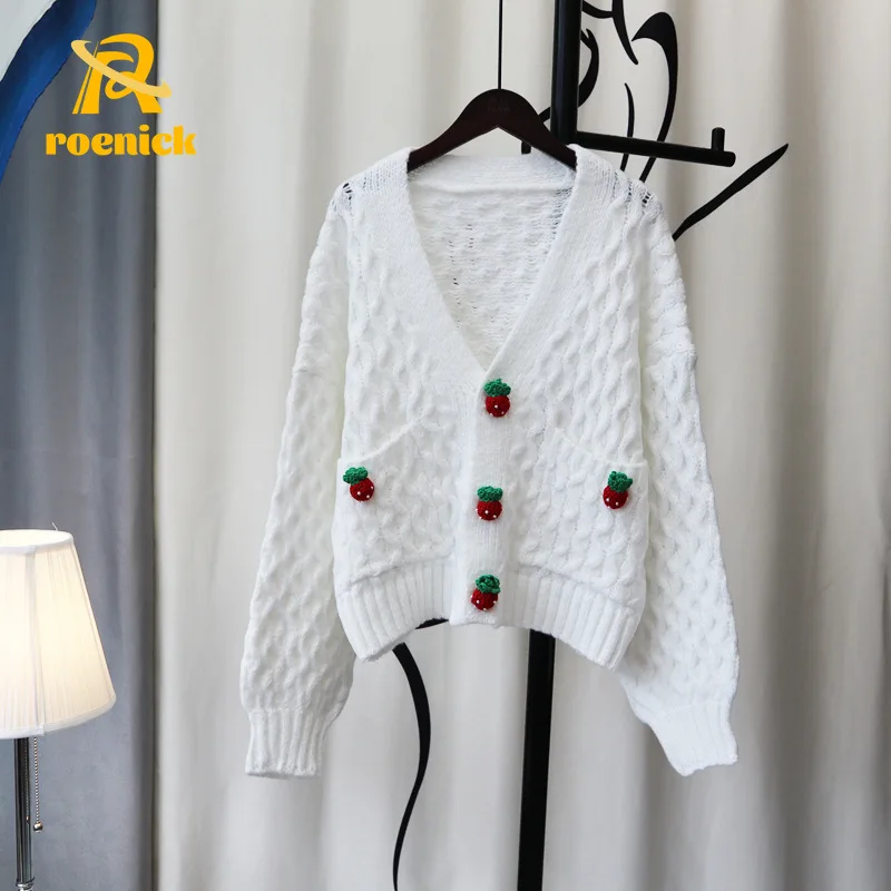 

Женский трикотажный кардиган ROENICK, Свободная трикотажная одежда в Корейском стиле с V-образным вырезом и длинными рукавами, новинка 2022