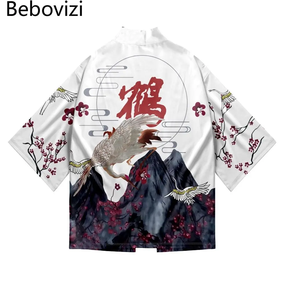 

Рубашка самурая с принтом журавлей, традиционное кимоно хаори для женщин и мужчин, уличная одежда в японском стиле аниме, юката, для косплея