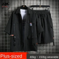 striped work suit mens fat big loose short sleeved shirt summer korean youth handsome two piece set y2k clothes men clothing