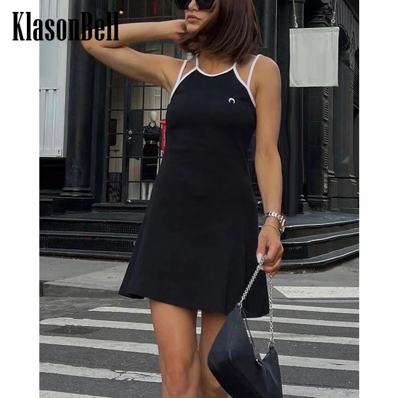 

6,23 KlasonBell модное облегающее трикотажное мини-платье с полумесяцем и вышивкой на подтяжках для женщин