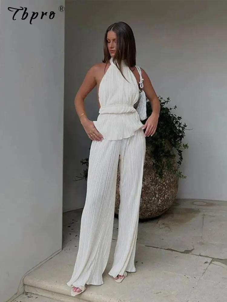 

Sexy Backless Tank Tops Set Women 2 Piece Summer White Pleated Trouser Suits Female Elegant High Waist Wide Leg Pants Sets