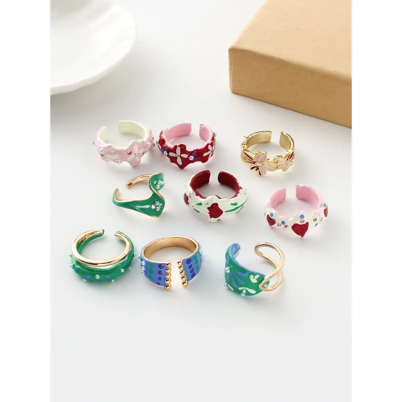 

Vintage Personality Metal Copper Opening Ring For Women Handmade Colorful Drop Oil Irregular Adjustable Ring Fashion Jewelry