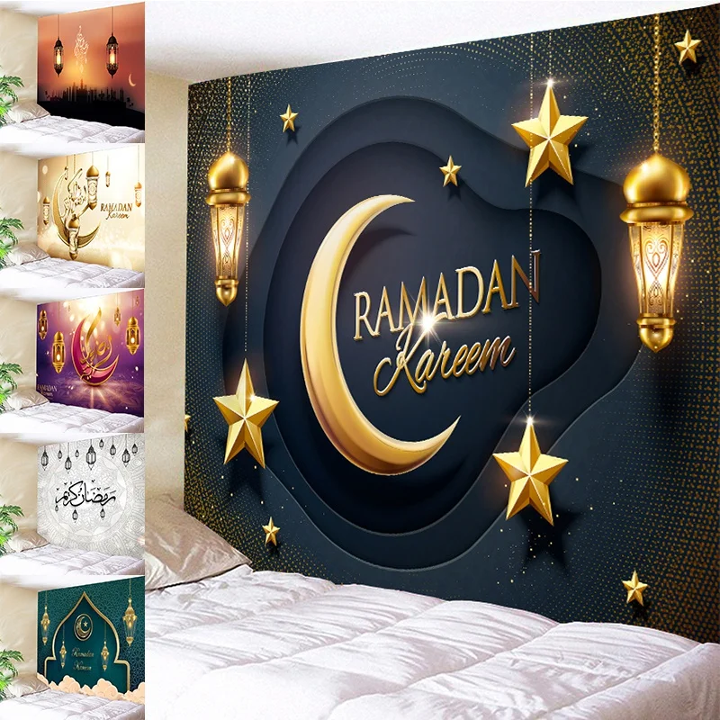 

Happy Ramadan Decorations for Home Moon Star Ramadan Kareem Tapestry Eid Mubarak Decor Wall Hanging Tapestries for Living Room