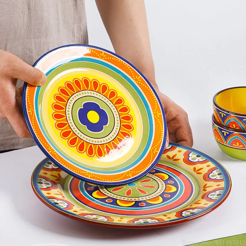 

Европейская керамическая круглая подглазурная цветная посуда в этническом стиле Бытовая Кухня Ресторан Западный стейк плоская обеденная тарелка