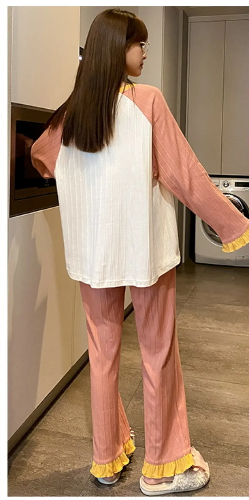 Spring Student Long-Sleeved Suit Pajamas Cotton Round Neck Inset Style Comfortable Breathable Clothes Wearable And Durable